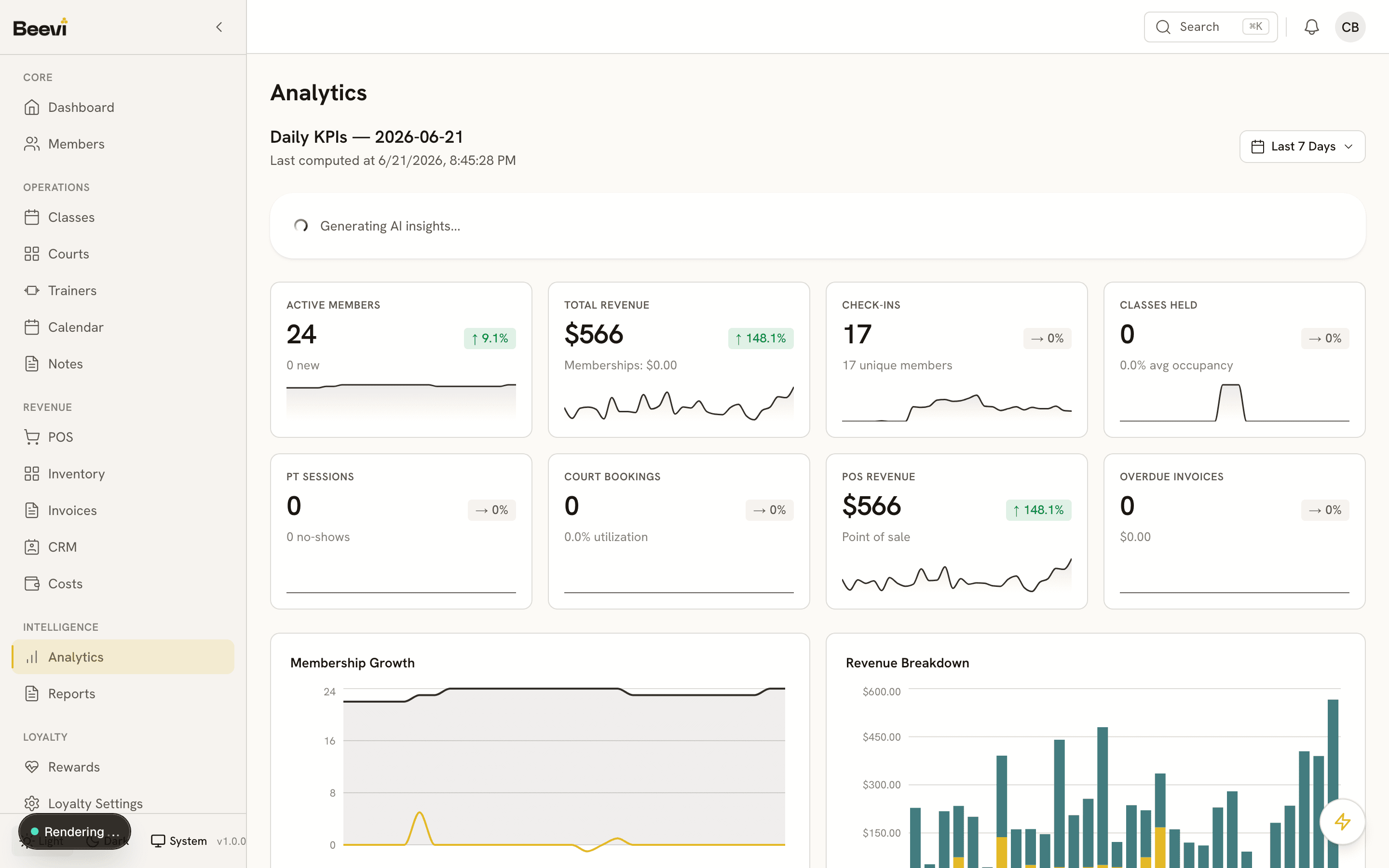 Beevi analytics with revenue and membership-growth charts
