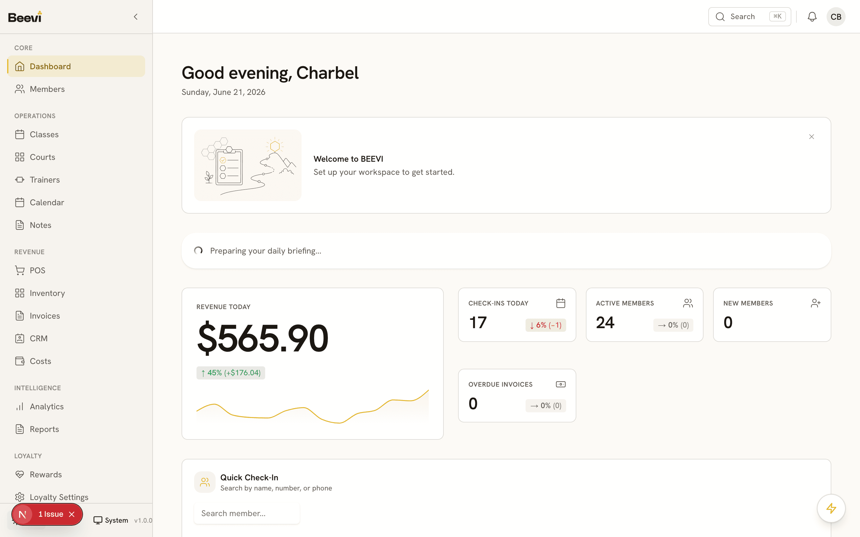 The Beevi dashboard — live revenue, check-ins and members